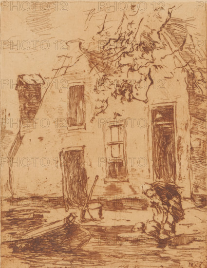 Woman washing in front of a farmhouse, Woman at work (original title), print, printmaker: Willem de Zwart (signed by artist), c. 1910 - c. 1920, paper, etching, drypoint, intaglio printmaking technique, etching and drypoint, with plate tone, printed in brown, height 165 mm x width 127 mm, farm or solitary house in landscape, laundering, A monochrome etching showing the façade of a building with multiple rectangular openings and rough vertical hatch marks for shutters and doors, a leaning chimney or column on one side, scribbled lines suggesting roof shapes and foliage around the upper area, a small boat or canoe on the ground in front of the building with simple linear details, and a crouching figure near the right side sketched with loose, dark strokes; the composition is rendered with varied short and long hatch marks and freehand scratches on a textured background.