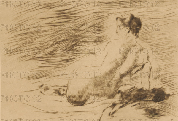 Lying naked woman, Lying nude (original title), print, printmaker: Willem de Zwart (signed by artist), publisher: Kunstzaal Vaarties, c. 1915 - 1919, 1924, paper, drypoint, intaglio printmaking technique, height 141 mm x width 200 mm, lying figure - AA - female human figure, A sepia-toned sketch of a reclining nude figure seen from the back, with short dark hair and a turned head, rendered with delicate contour lines and shaded with short, directional strokes; the torso and shoulders are outlined with fine lines and cross-hatching, and the arms and legs extend outward with softer shading; the background is filled with sweeping, parallel hatch marks that vary in density and direction, creating a textured field around the figure.