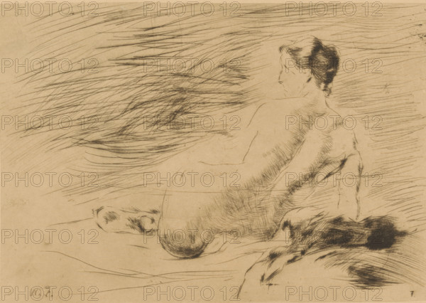 Lying nude (original title), Lying nude woman, print, printmaker: Willem de Zwart (signed by artist), publisher: Kunstzaal Vaarties, c. 1915 - c. 1919, 1924, paper, drypoint, intaglio printmaking technique, height 141 mm x width 199 mm, lying figure - AA - female human figure, A sketch of a seated nude figure shown from the back and turned slightly to the side, with hair pulled up and the contours of the shoulders, back, and buttocks rendered in fine, curved lines; the background is filled with diagonal, sweeping hatch marks creating a sense of movement, and there are additional darker cross-hatched areas near the lower back and along the right side of the composition.