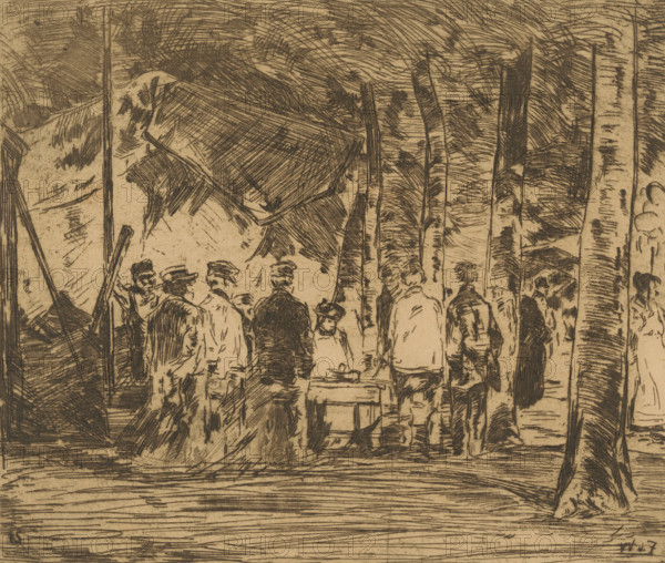At the fair (original title), Group of figures under trees, print, number: '7', printmaker: Willem de Zwart (signed by artist), publisher: Kunstzaal Vaarties, c. 1897 - c. 1898, 1924, paper, etching, drypoint, intaglio printmaking technique, height 171 mm x width 197 mm, pleasure fair and circus, A monochrome etching showing a group of people gathered outdoors among tall, slender trees with textured bark; the figures are mostly seen from behind or in profile, wearing hats and coats, and one person leans over a small table or box while others stand around; the background includes dense, sketchy foliage and large, overlapping canopy shapes, and the foreground shows horizontal, woodgrain-like lines suggesting a path or ground.