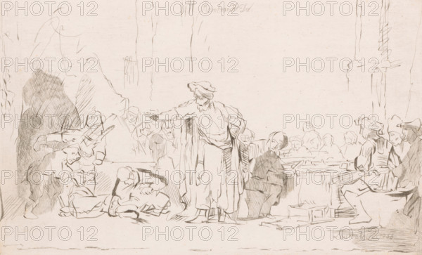 Standing man in an inn having someone gagged, print, printmaker: Johann Daniel Laurentz, after drawing by Rembrandt van Rijn, 1756, paper, etching, height 178 mm x width 292 mm, This depiction may be based on the Biblical story of the Mocking of Samson, or the story of Zedekiah who was brought before King Nebuchadnezzar in chains., head-gear: turban, prisoner with hands bound, A wide pen-and-ink drawing showing a group of people arranged across a shallow stage-like space, with a central standing figure wearing a loose robe and a hat, extending an arm outward. Figures on either side are seated or bent over tables and benches, some leaning forward and some turned toward the central figure. Sketchy outlines and cross-hatching define clothing folds, hats, faces, and hands, with heavier shading on a tall, dark form at the left and on a seated figure near the center-right. Architectural vertical lines and simple column-like elements rise behind the group, and scattered objects such as bowls,...