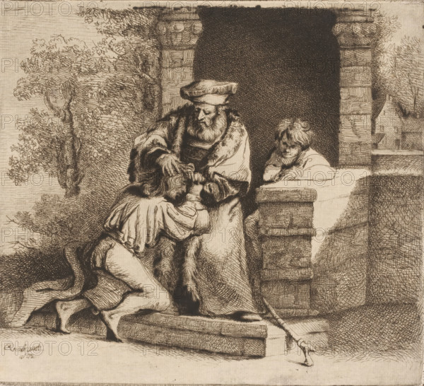 Homecoming of the prodigal son, print, printmaker: attributed to Ignace-Joseph de Claussin, France, after design by Rembrandt van Rijn, 1805 - 1844, Attributed to, paper, etching, engraving, drypoint, intaglio printmaking technique, height 200 mm x width 223 mm, the prodigal son returns home, where his father awaits him, A sepia-toned etching showing an older man seated on stone steps wearing a fur-lined robe and a soft hat, his head slightly bowed as he places a hand on the head of a younger figure kneeling before him with draped clothing; to the right a child leans on a stone ledge looking toward the seated man, and behind them a tall dark archway framed by textured stone pillars contrasts with foliage and trees visible to the left and a small building seen beyond the right pillar.