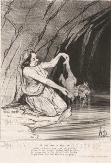 Caricature of Achilles as a baby, Le baptême d'Achille, Caricatures of figures from Antiquity, Ancient History, cartoon, Series number, 22, 50, number: '65', printmaker: Honoré Daumier, Paris, printer (person): Aubert & Cie., publisher: Bauger, 1842, Honoré Daumier, Aubert & Cie., Bauger, printmaker, printer (person), publisher, paper, lithography, height 361 mm x width 236 mm, Print published in: Le Charivari, Aubert: Paris, 28-08-1842. Le Charivari was a humorous newspaper with caricatures and (political) cartoons., caricatures (human types), Thetis dips Achilles in the Styx, A monochrome drawing shows a robed woman kneeling on a rocky ledge inside a dark cave, holding a small child upside down by one leg over a still pool; the woman's face is turned toward the child, her hair partially covered by a cloth, and her arms and draped garments are rendered with strong, flowing lines; the child’s face is contorted, water appears to drip from the child’s mouth and body, and vertical streaks...