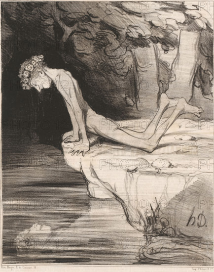 Caricature of Narcissus, Le beau Narcisse, Caricatures of figures from Antiquity, Histoire ancienne, cartoon, Series number, 23, 50, number: '48', printmaker: Honoré Daumier, Paris, printer (person): Aubert & Cie., publisher: Bauger, 1842, printer (person), paper, lithography, height 362 mm x width 237 mm, Print published in: Le Charivari, 11-09-1842. Le Charivari was a humorous newspaper with caricatures and (political) cartoons., caricatures (human types), Narcissus, gazing in a fountain, falls in love with his own reflection, possibly the nymph Echo peeps at the scene, A charcoal or pencil drawing shows a thin, nude figure with a wreath of flowers on the head leaning forward on a rocky ledge with hands splayed and elbows bent, the torso elongated and hips raised while the legs extend backward and the feet point upward; the figure’s head tilts down with eyes closed and hair curling beneath the floral crown. The rocky ledge is light against a darker background and slopes toward a body...