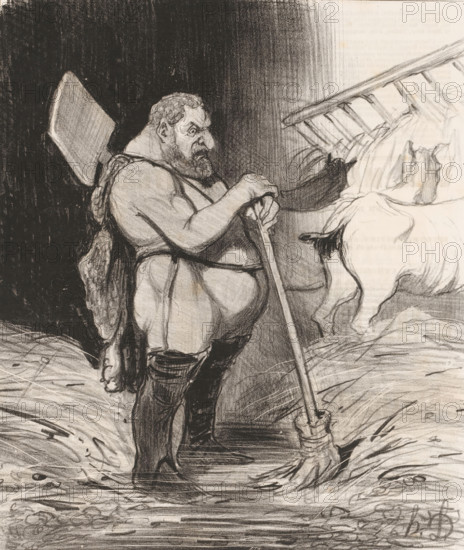 Les écuries d'Augias, Caricature of Hercules in the stables of Augias, Caricatures of figures from Antiquity, Histoire ancienne, cartoon, Series number, 26, 50, number: '68', printmaker: Honoré Daumier, Paris, printer (person): Aubert & Cie., publisher: Bauger, 1842, Honoré Daumier, Aubert & Cie., Bauger, printmaker, printer (person), publisher, paper, lithography, height 362 mm x width 236 mm, Print published in: Le Charivari, Aubert: Paris, 25-09-1842. Le Charivari was a humorous newspaper with caricatures and (political) cartoons, caricatures (human types), (5) Hercules cleanses the stables of Augeas by diverting the rivers Alpheus and Peneus, A charcoal drawing shows a bearded man wearing suspenders and a sleeveless shirt, standing in a field and leaning on a long broom or staff while holding a dark cloth or bag with one hand; he has a large paddle strapped to his back and a heavy build with visible arm and torso muscles, and his facial features are rendered with a prominent nose a...
