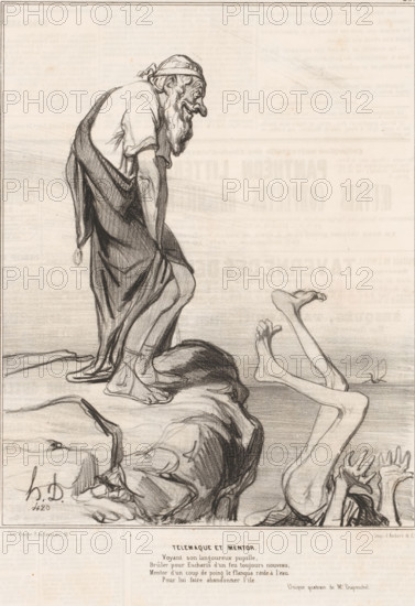 Caricature of Telemachus and Mentor, Télémaque et Mentor, Caricatures of figures from Antiquity, Histoire ancienne, cartoon, Series number, 29, 50, number: '59', printmaker: Honoré Daumier, Paris, printer (person): Aubert & Cie., publisher: Bauger, 1842, printer (person), paper, lithography, height 361 mm x width 236 mm, Print published in: Le Charivari, 06-10-1842. Le Charivari was a humorous newspaper with caricatures and (political) cartoons., caricatures (human types), (story of) Telemachus, Telemachus starts out with Mentor, in search of his father, An elderly man with a long beard and a headscarf tied at the back leans forward from a rocky ledge, wearing a loose short-sleeved shirt and a flowing robe that drapes down over his legs and feet; his posture is bent and his facial features are drawn with deep lines and a prominent nose. Opposite him, legs and feet of another figure are visible kicking upward, the legs thin and angled with toes pointed, while hands reach upward from bel...
