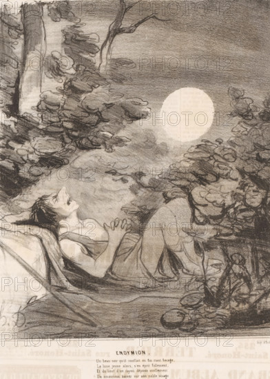 Caricature of Endymion, Endymion, Caricatures of figures from Antiquity, Histoire ancienne, cartoon, Series number, 45, 50, number: '56', printmaker: Honoré Daumier, Paris, printer (person): Aubert & Cie., publisher: Bauger, 1842, printer (person), paper, lithography, height 362 mm x width 236 mm, Print published in: Le Charivari, 21-12-1842. Le Charivari was a humorous newspaper with caricatures and (political) cartoons., Diana (Luna) visiting the sleeping Endymion, caricatures (human types), A charcoal or pencil drawing of a reclining figure lying on their back among dense foliage, head tilted back and mouth slightly open, hands clasped at the chest, and legs bent with fabric draped over the body; surrounding the figure are textured, cloud-like clusters of leaves and branches, a tall tree trunk rising at the left, and a large bright circular shape in the sky that contrasts with the shaded background; the composition is rendered in soft, sketchy strokes with varied shading and visible...