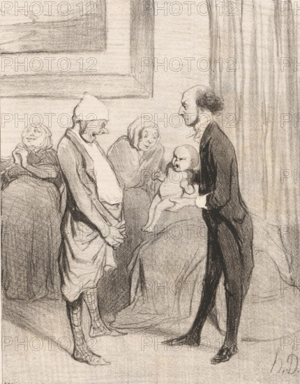 Doctor shows a father his newborn child, l'Entrée dans la vie, Depictions from La comédie humaine by Honoré de Balzac, La comédie humaine, cartoon, Series number, 1, 5, number: '58', printmaker: Honoré Daumier, Paris, printer (person): Aubert & Cie., publisher: Pannier & Cie., 1843, Honoré Daumier, Aubert & Cie., Pannier & Cie., printmaker, printer (person), publisher, paper, lithography, height 362 mm x width 243 mm, Print published in: Le Charivari, Aubert: Paris, 22-01-1843. Le Charivari was a humorous newspaper with caricatures and (political) cartoons., infant, baby, the ages of man, caricatures (human types), the newborn child, father and child(ren), man and child(ren) (family group) (with number of children), A charcoal or pencil drawing of an interior scene showing a man in a dark suit holding a small baby toward a group of three older figures; the suited man stands tall with a pointed nose and receding hair, holding the baby by its torso, the baby appearing squirming with a fu...