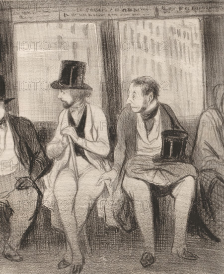 An unpleasant encounter, Caricature of two men in an omnibus, Representations from Honoré de Balzac's *La comédie humaine*, *La comédie humaine*, print, Series number, 5, The well-dressed gentleman owes his tailor money. Therefore, he ignores the man when he sits down next to him in the omnibus., number: '56', printmaker: Honoré Daumier, Paris, printer (person): Aubert & Cie., publisher: Pannier & Cie., 1843, Honoré Daumier, Aubert & Cie., Pannier & Cie., printmaker, printer (person), publisher, paper, lithography, height 362 mm x width 243 mm, Print published in: Le Charivari, Aubert: Paris, 03-04-1843. Le Charivari was a humorous newspaper with caricatures and (political) cartoons., diligence, omnibus, horse-tram, caricatures (human types), A charcoal drawing shows a row of seated men inside a carriage, visible from the waist down to their feet; two central figures wear tall top hats, coats, and scarves, one holding a cloth in his hands and the other resting his hat on his lap while ...