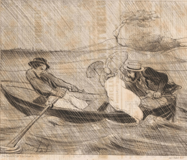 Four people on a rowing boat in the rain, Un léger grain, Parisian skippers, Les canotiers parisiens, cartoon, Series number, 8, 20, number: '132', printmaker: Honoré Daumier, Paris, printer (person): Aubert & Cie., publisher: Pannier & Cie., 1843, printer (person), paper, lithography, height 244 mm x width 313 mm, Print published in: Le Charivari, 22-05-1843. Le Charivari was a humorous newspaper with caricatures and (political) cartoons., rowing-boat, canoe, river, caricatures (human types), downpour, rain shower, A sepia-toned drawing shows several people in a small rowboat on choppy water with diagonal lines suggesting heavy rain; three figures sit close together, two wearing hats and one holding an umbrella, with their heads bowed and bodies leaning forward. The boat's oars are visible, held by a person on the left whose hands grip the handle, and a bundle or cloth rests near the center of the boat. In the background a distant shoreline and a large rock or landform with a small cl...