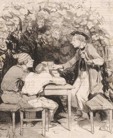 Three men toasting with a glass of wine, Vois tu, mon ami Durant, Parisian boatmen, Les canotiers parisiens, cartoon, Series number, 12, 20, number: '125', printmaker: Honoré Daumier, Paris, printer (person): Aubert & Cie., publisher: Pannier & Cie., 1843, printer (person), paper, lithography, lithografie, height 363 mm x width 246 mm, Print published in: Le Charivari, 02-06-1843. Le Charivari was a humorous newspaper with caricatures and (political) cartoons., drinking, caricatures (human types), crew, ship, glass of wine, A pencil or charcoal drawing shows three seated figures at a wooden table beneath a canopy of dense foliage; two figures on the left sit on stools, one leaning forward with head resting on folded arms and the other looking up wearing a cap, while a standing figure on the right leans toward them holding a bottle and extending a glass, wearing a long coat and a cap with a brim. The scene contains textured shading, visible folds in clothing, simple wooden stools and a ...