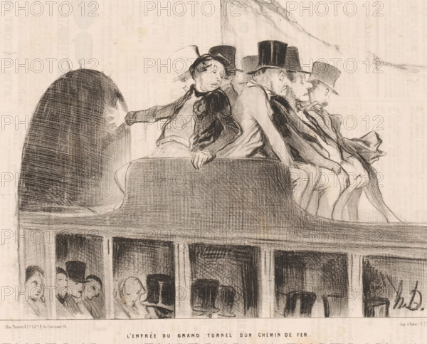 Passengers on the train at the entrance to a tunnel, L'entrée du grand tunnel d'un chemin de fer, Caricatures on the railways, Les chemins de fer, cartoon, Series number, 16, The conductor warns the passengers on top of the train that the tunnel is very narrow. They had better not move, because on every trip someone loses an arm, a leg, or a nose. The tunnel is too dark and too long to be able to find it again., printmaker: Honoré Daumier, Paris, printer (person): Aubert & Cie., publisher: Pannier & Cie., 1843, printer (person), paper, lithography, height 247 mm x width 363 mm, Print published in: Le Charivari, 09-07-1843. Le Charivari was a humorous newspaper with caricatures and (political) cartoons., passenger train, underground road, tunnel, caricatures (human types), steam locomotive, A charcoal-style drawing of several seated figures on an elevated platform inside a vehicle-like interior, all wearing formal hats and coats, one figure reaching toward a dark tunnel entrance on the ...