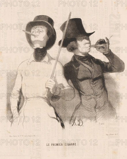 The first cigar, Two young men with their first cigar, Depictions of happy moments, The beautiful days of life, cartoon, Series number, 2, 100, number: '96', printmaker: Honoré Daumier, Paris, printer (person): Aubert & Cie., 1843, printer (person), paper, lithography, height 363 mm x width 244 mm, Print published in: Le Charivari, 31-12-1843. Le Charivari was a humorous newspaper with caricatures and (political) cartoons., youth, adolescent, caricatures (human types), cigar, A charcoal or pencil drawing of two figures standing side by side, both wearing dark hats and holding thin cigars to their mouths; the figure on the left wears a round-brimmed hat, has an upward-tilted face with a visible chin and shaded neck, and holds a stick or pole vertically with a hand near midsection, while the figure on the right wears a wider-brimmed hat, is dressed in darker clothing with a high collar and folded lapels, and raises a gloved hand to hold the cigar; the background shows faint printed patte...