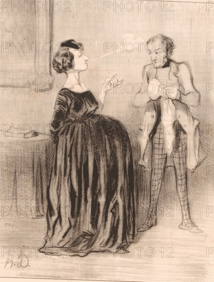 Caricature of a pregnant woman with her husband, Dis donc... mon mari, Pedante vrouwen, Les Bas-Bleus, cartoon, Series number, 2, 40, While smoking a cigarette, the woman tells her husband, who is polishing or drying an object with a cloth, which names she has in mind for her book and for her child. However, she will decide nothing before she has consulted her collaborator., number: '14', printmaker: Honoré Daumier, Paris, printer (person): Aubert & Cie., 1844, printer (person), paper, lithography, height 363 mm x width 242 mm, Print used for: Le Charivari, 01-02-1844., cigarette, pregnant woman, caricatures (human types), satire on marriage, pregnancy, A seated woman in a dark, full-length dress with a wide neckline holds a slender cigarette between her fingers while a thin trail of smoke extends from it; she has short, dark hair styled close to her head and a profile view of her face. Opposite her stands an older man wearing a long coat and striped trousers, holding a cloth or handke...