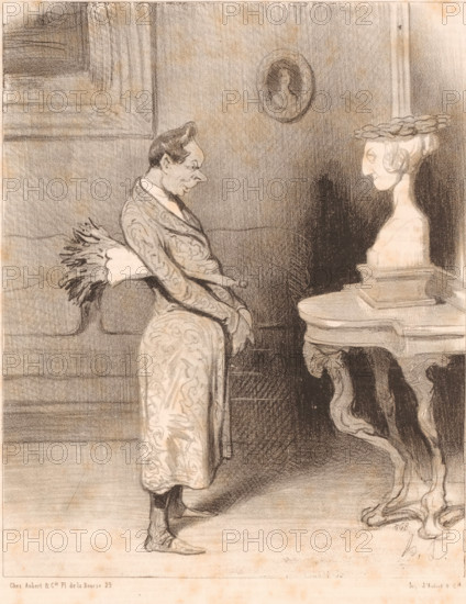 To say that Arsinoé was not happy to be portrayed, Caricature of a man by the bust of his wife, Pedante vrouwen, Les Bas-Bleus, cartoon, Series number, 12, 40, The man grumbles that he has to dust the marble bust of his wife every morning., number: '205', printmaker: Honoré Daumier, Paris, printer (person): Aubert & Cie., 1844, printer (person), paper, lithography, lithografie, height 363 mm x width 238 mm, Print used for: Le Charivari, 04-03-1844., sculpture, portrait of a writer, caricatures (human types), satire on marriage, (household) utensils and implements (with NAME), A charcoal or pencil sketch of an interior scene showing a person in profile standing and facing a bust on a small ornate table, the person wearing a patterned long robe and holding a fan against their back, with a slightly hunched posture and pronounced facial features; the bust on the table wears a wreath and rests on stacked rectangular plinths, and the table has carved cabriole legs with decorative details; a ...