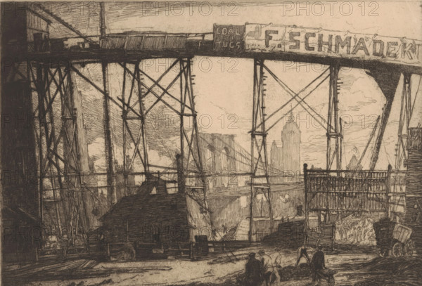 View of New York from a workshop, print, printmaker: Henry Wilfrid Deville (signed by artist), publisher: Edmond Sagot, 1913, paper, etching, intaglio printmaking technique, height 210 mm x width 305 mm, city-view in general, 'veduta', working class, labourers, crafts and industries, North America, New York (city), A detailed monochrome etching showing an industrial waterfront scene with large metal scaffolding and support beams forming a lattice across the foreground, a high elevated walkway or girder stretching across the top, and warehouses and sheds beneath the structure. In the midground is a suspension bridge visible through the gaps in the scaffolding and outlines of tall buildings beyond it. On the ground are piles of materials, a horse-drawn cart, and several small human figures clustered near the foreground work area. The sky is lightly sketched with horizontal strokes and there are railings, ladders, and various construction elements throughout the composition.