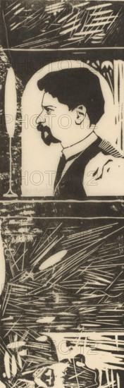 Self-portrait, print, Self-portrait with goatee in profile. Below that a dark area with stripes., annotation: 'First woodcut', printmaker: Samuel Jessurun de Mesquita (signed by artist), 1896, paper, Japanese paper (handmade paper), woodcut, height 456 mm x width 300 mm, Person, portrait, self-portrait of artist, A monochrome print shows a side profile of a man with dark hair, a mustache, and a small beard, facing left inside an arched frame; he wears a collared shirt and a vest. The background around him contains dense, linear hatch marks and textured areas with a mix of dark and light strokes. Below the portrait, abstract patterns of sharp, radiating lines and elongated oval shapes fill the space, creating a layered, scratched texture across the lower portion of the image.