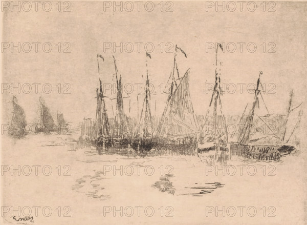 Les chaloupes, Sailboats in the water, print, printmaker: James Ensor, 1888, paper, etching, intaglio printmaking technique, etching with plate tone, height 177 mm x width 238 mm, ships (in general) - CC - more than one ship, A panoramic sketch on a pale background showing a group of boats with tall masts clustered near the center and right, their sails rendered with fine, vertical and diagonal ink strokes and small flags atop some masts, with reflections and horizontal hatch marks in the water beneath them; smaller vessels appear toward the left with triangular sails, and faint rippling marks extend across the water toward the foreground, while the overall composition is sparse with light, sketchy lines and a wide expanse of empty space above and around the boats.