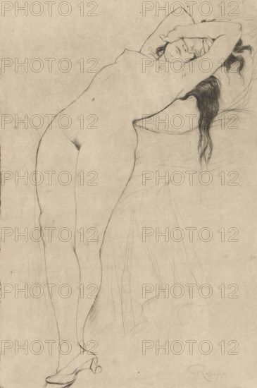 Nude woman with hands covering her face and her upper body resting on a cushion, Le Léthé, print, The woman is wearing high heels., inscription: 'Le Léthé', printmaker: Armand Rassenfosse, 1916, paper, drypoint, intaglio printmaking technique, etching, height 310 mm x width 209 mm, shoes, sandals, the (nude) human figure, 'Corpo humano' (Ripa) - AA - female human figure, leaning backward - AA - female human figure, A pencil drawing of a reclining nude figure shown from head to feet, lying on a draped surface with long hair falling down beside the head, one arm bent to cover the face and the other arm extended above the head, subtle shading and fine contour lines defining the torso, hips, and legs, faint sketch lines indicating folds of fabric beneath and around the body, and simple heeled footwear on the feet.