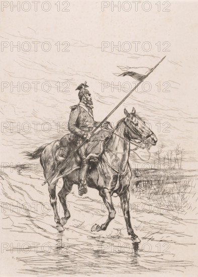 Ulaan in stormy weather, print, printmaker: Edouard Detaille, France, 1858 - 1912, paper, chine collé, etching, etching on chine collé, height 320 mm x width 240 mm, the soldier, the soldier's life, helved weapons, polearms (for striking, hacking, thrusting): lance, A detailed pen sketch shows a mounted soldier in profile riding a muscular horse through shallow water, the rider wearing a uniform with a peaked helmet and a long coat, holding a long spear with a small fluttering flag near its tip, the horse equipped with a bridle and saddle and captured mid-step with water rippling around its hooves, the scene rendered with fine crosshatching and flowing lines against a sparsely detailed background of open sky and distant, bare vegetation.