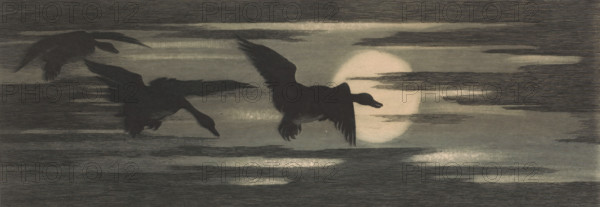 Three ducks migrating past the setting sun, print, inscription: 'Société des a. Belges 1895, Oiseaux de passage, orig. ets', printmaker: attributed to Marc Henry Meunier, 1895, Attributed to, paper, etching, intaglio printmaking technique, etching with plate tone in blue-gray, height 164 mm x width 407 mm, sunset, water-birds: duck, Three dark birds in flight are silhouetted against a pale circular light source partially obscured by horizontal bands of thin, textured cloud; the birds show outstretched wings, elongated necks, and feathered tails, with subtle variations in posture and wing angle, all set against a muted, horizontally striated sky in tones of gray and soft beige.