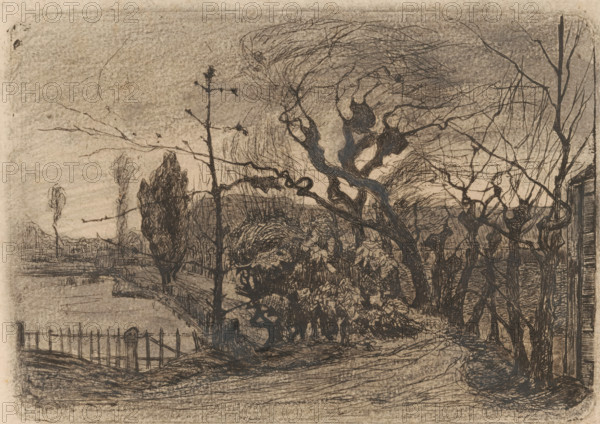 Garden path with willows (original title), print, printmaker: Floris Verster, 1871 - 1927, paper, etching, intaglio printmaking technique, height 139 mm x width 200 mm, garden, road, path, trees: willow, A monochrome etching shows a landscape with tangled, leafless trees and gnarled branches in the foreground, their dark, sinuous trunks and twigs contrasted against a lighter, textured sky. A winding path curves through the scene, bordered at one edge by a simple metal fence with vertical posts and horizontal rails. In the middle distance, dense clusters of shrubs and foliage create massed, intricate linework, while a few taller, narrow trees rise further back. The horizon is low and distant, with faint, sketchy landforms and a thin band of water suggested near the middle ground. Delicate, crosshatched shading and varied line densities give the image a weathered, grainy appearance overall.