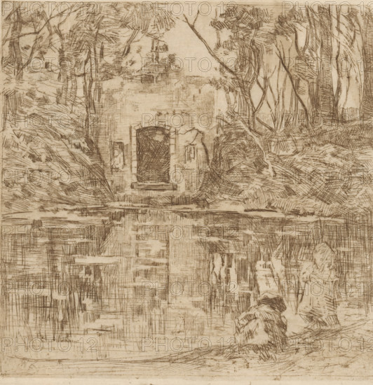 Ruins by a pond (Lage Vuursche) (original title), print, printmaker: Willem de Zwart, c. 1896, paper, etching, drypoint, intaglio printmaking technique, height 151 mm x width 150 mm, landscape with ruins, pond, pool, Lage Vuursche, A monochrome etching showing a ruined stone facade set within a dense wooded scene, with an arched doorway at the center flanked by two small rectangular openings and surrounded by rough masonry; slender tree trunks and tangled branches rise around and behind the ruin, their foliage and bark indicated by short, sketchy hatch marks; the ground in front of the building slopes down toward a reflective horizontal plane that mirrors the doorway and surrounding lines; scratchy crosshatching and parallel strokes create textured shadows and undergrowth across the forest floor and along the walls, and a larger, darker rock or root mass sits near the right foreground among more irregular vegetation strokes.