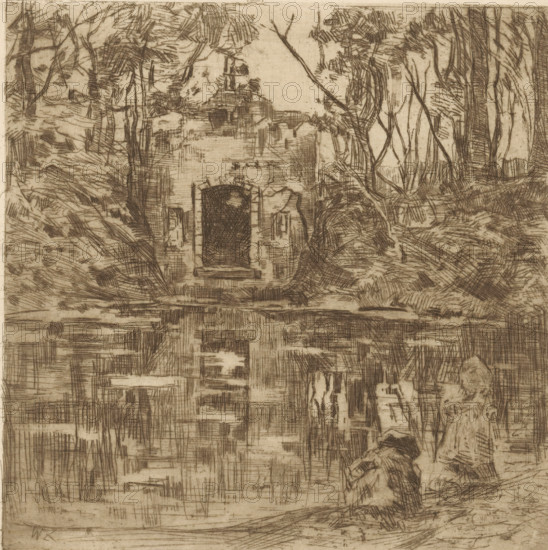 Ruins by a pond, print, printmaker: Willem de Zwart, c. 1896, paper, etching, drypoint, intaglio printmaking technique, height 151 mm x width 151 mm, landscape with ruins, pond, pool, Lage Vuursche, A sepia-toned etching showing a stone structure with an arched opening set among trees and foliage, rendered with short, hatched lines and crosshatching; trunks and branches rise on either side of the structure, tangled vegetation and textured ground surround it, and the lower half of the image includes reflected or repeated hatchwork patterns that echo the upper composition.