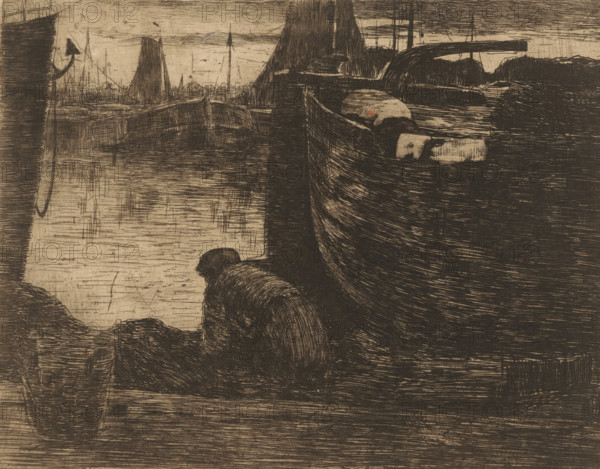At the Quay (original title), Man at the quay of a harbor, print, printmaker: Willem de Zwart (signed by artist), c. 1886, paper, etching, drypoint, intaglio printmaking technique, height 176 mm x width 215 mm, Print appeared in 1887 as part of the annual publication of the 'Portefeuille der Nederlandsche Etsclub'., harbor, pier, quay, wharf, A dark, heavily lined etching of a waterfront scene showing sections of boats with curved hulls and masts, a large vertical structure at center, clustered shapes suggesting distant sails and rigging, a figure hunched near the water, textured reflections on the surface, and areas of dense crosshatching creating shadows and form.