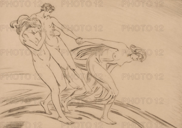 Two women kidnap a man, print, printmaker: Ludwig von Hofmann (signed by artist), 1871 - 1945, paper, drypoint, intaglio printmaking technique, height 198 mm x width 278 mm, abducting, (showing oneself) undressed, quasi-nude, A pencil sketch on a beige background showing three nude figures standing closely together with flowing hair and simple contour lines, two figures on the left leaning inward with one figure’s arm wrapped around the other and their heads bowed, a third figure on the right slightly bent forward holding the hand of the central figure, draped lines suggesting fabric around the right figure’s waist and sweeping curved sketch marks beneath their feet.