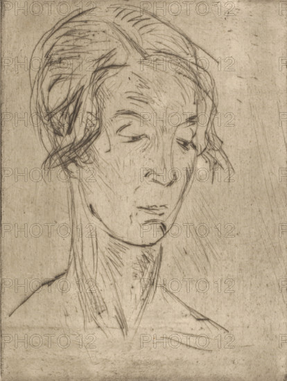 Head of a woman, print, printmaker: Wilhelm Lehmbruck (signed by artist), in or after 1919, paper, drypoint, intaglio printmaking technique, height 240 mm x width 178 mm, adult woman, anonymous historical person, A sepia-toned sketch of a person shown from the shoulders up with a long neck and an elongated face rendered in fine, dark lines on a textured background; the head is slightly tilted and the eyes are downcast with thin, arched brows and delicate eyelids, a slender nose, and a small, closed mouth with a subtle downturn at the corners; hair is loosely drawn, swept back and gathered with wispy strands framing the face and winding around the ear, with visible pencil-like strokes indicating hair texture and scalp lines; the neck shows long, directional hatch marks suggesting tendons and skin folds, and the shoulders are lightly sketched with minimal lines extending into the lower part of the image; the overall surface displays small marks, scratches, and faint smudges across the pa...