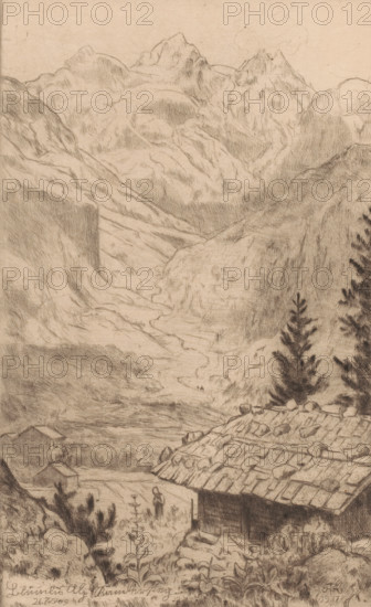 Mountain landscape, Blümlis Alp, print, printmaker: Hans Thoma, Karlsruhe (possibly), 1917, Baden-Württemberg, paper, drypoint, intaglio printmaking technique, height 293 mm x width 178 mm, mountains, landscapes (landscape with figures, staffage), A detailed pencil drawing of a mountainous landscape with rugged peaks and steep slopes filling the background, a narrow winding valley cutting through the center, a small rustic building with a shingled roof and scattered stones in the foreground on the right, tall conifer trees rising behind and beside the building, a path or cleared area leading into the valley where a solitary human figure stands near a simple fountain or basin, additional small structures partially visible at lower left, and foreground vegetation and rocky terrain framing the scene.