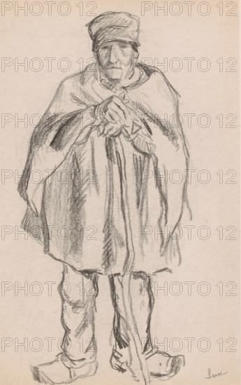 Standing man leaning on a staff, print, printmaker: Maximilien Luce (signed by artist), 1876 - 1941, paper, chine collé, lithography, height 320 mm x width 231 mm, height 478 x width 320, standing figure, head gear, walking stick, staff, A charcoal sketch on light paper shows a standing figure wearing a loose cape draped over the shoulders and a soft hat, the hands clasped together in front at chest height with simple, gestural lines defining the fingers; the face is rendered with rough shading and minimal detail, and the lower body shows relaxed trousers and shoes with visible creases and folds, while vertical strokes suggest drapery and shadow along the cape and legs.
