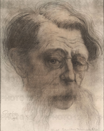 Portrait of Emile Verhaeren, print, printmaker: Armand Rassenfosse (signed by artist), 1916, paper, soft-ground etching, aquatint, hand coloring, vernis mou and aquatint, hand-colored, height 282 mm x width 237 mm, Person, Emile Verhaeren, historical persons, adult man, eyeglasses, spectacles, A close-up charcoal or pencil drawing of an older person's face showing detailed hair, forehead wrinkles, deep-set eyes behind round spectacles, a long nose, and a flowing beard. The hair is swept back with wispy strands and darker shaded areas, and the beard and mustache are rendered with fine, soft lines. The complexion is shaded with smudged tones creating contours around the eyes, cheeks, and mouth, and the overall image has a softly textured, muted background.