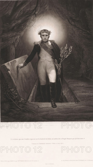 Napoleon Bonaparte rises from his grave, print, printmaker: Jean Pierre Marie Jazet, after painting by Horace Vernet, Paris, publisher: Th. Vibert, publisher: Bulla & François Delarue, Joseph, 1821 - 1871, paper, aquatint, height 521 mm x width 433 mm, Person, Napoleon I (Emperor of the French), historical persons, apotheosis of a ruler, zombie, A full-length monochrome portrait of a man standing on a stone ledge surrounded by dense foliage, wearing a military-style coat with epaulettes, a sash across his chest, fitted trousers, and tall boots; he has a laurel wreath on his head and a solemn facial expression, one hand resting on a large stone slab and the other holding a branch with leaves and a sheathed sword at his side, with a halo-like glow behind his head and heavy tree branches framing the scene.