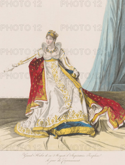 Portrait of Josephine, Grand Habit de sa Majesté l'Impératrice Josephine le jour du Couronnement, print, printmaker: Jean Louis Charles Pauquet, after design by Jean Baptiste Isabey, publisher: Jean Louis Charles Pauquet, Paris, 1804 - 1824, Jean Louis Charles Pauquet, Jean Baptiste Isabey, printmaker, after design by, publisher, paper, etching, hand coloring, etching hand-colored in red, yellow and blue, height 384 mm x width 276 mm, Person, Joséphine de Beauharnais, historical persons, emperor - BB - female ruler, Coronation of Napoleon as emperor, A seated woman wearing an ornate crown and a white dress with gold embroidered patterns and fur trim is shown holding a folded piece of paper in one gloved hand and a red velvet robe lined with gold and patterned with small motifs drapes over her shoulders and around her; she wears a jeweled necklace and earrings, and a yellow sash across her waist, while a pale blue drapery hangs behind her and patterned cushions lie beneath the train of ...