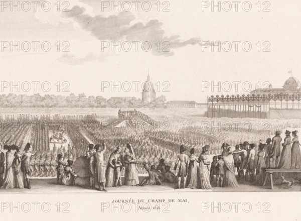 Journée du Champ de mai année 1815, Napoleon I Bonaparte and entourage on Champ de Mai in 1815, print, printmaker: Abraham Girardet, after design by Louis Lafitte, in or after 1815 - 1823, paper, etching, engraving, height 228 mm x width 318 mm, Person, Napoleon I (Emperor of the French), emperor, meeting, assembly - AA - in the open air, Paris, Period, 1815, A wide engraved scene shows a large outdoor gathering with rows of uniformed soldiers standing in formation across a wide field, a central raised platform with figures atop it, and groups of people in period dress gathered in the foreground observing the scene. To the right a decorated viewing stand with many people inside stands above the field, and behind it a domed building with architectural details and surrounding low buildings are visible. The foreground crowd includes men and women in long coats and dresses, some seated, some standing and conversing, and a few mounted riders are visible along a pathway between the formation...