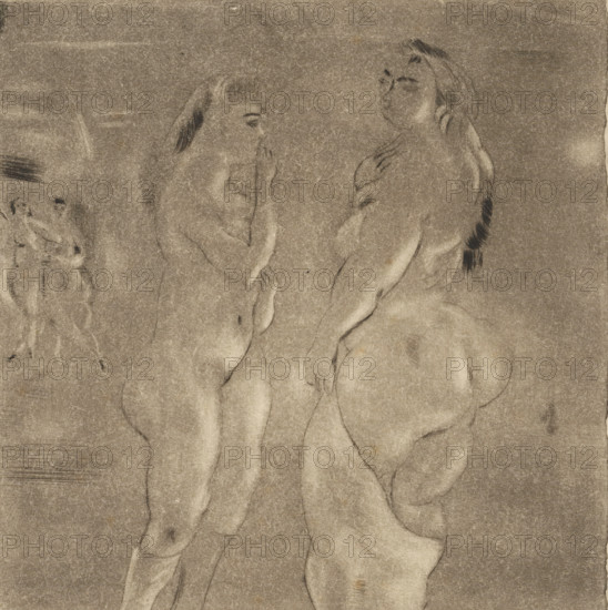 Á Lesbos (original title on object), print, Two standing naked women. Two more women can be seen in the background on the left., annotation: 'known this etching only', printmaker: Jules Pascin (signed by artist), 1895 - 1930, paper, etching, aquatint, height 179 mm x width 180 mm, woman (showing herself) undressed, quasi-nude, A charcoal or pencil sketch on textured paper depicting two nude figures facing each other, one on the left with a hand raised toward their face and hair falling along the side of the head, and one on the right with a hand resting near the chest and hair drawn in darker strokes along the back; faint additional figure outlines appear toward the left edge, and the drawing shows soft shading and contour lines emphasizing the torsos, hips, and limbs against a mottled background.