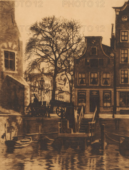 Overhaul at the Montelbaan Tower in Amsterdam, print, Viewed from the Oude Schans towards Oude Schans 4., watermark, printmaker: Willem Witsen (signed by artist), Amsterdam, c. 1912, paper, etching, aquatint, intaglio printmaking technique, aquatint and plate tone, proof, height 234 mm x width 183 mm, the usual house or row of houses, canals, waters (in city), city-view, and landscape with man-made constructions, Montelbaan Tower, A riverside scene rendered in a sepia tone showing narrow brick buildings with gabled roofs and multi-paned windows, a leafless tree with intricate bare branches standing in front of the buildings, a wooden staircase and dock structures leading down to the water, reflections of the buildings and dock visible on the rippled water surface, a small boat moored at the edge of the water, a horse-drawn cart and a figure seated nearby silhouetted against the lighter background, and lamp posts and architectural details of neighboring facades visible between the build...
