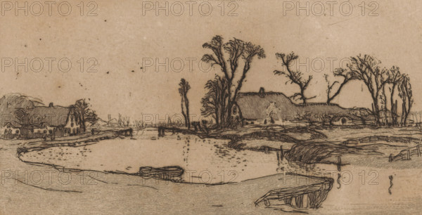 Farms along the Rijpwetering in South Holland, South Holland canal (original title), print, In the foreground a jetty., printmaker: Wijnand Otto Jan Nieuwenkamp (signed by artist), 1901, paper, zinc etching, intaglio printmaking technique, etching with plate tone on zinc, proof print, height 136 mm x width 226 mm, farm (building), canals, waters (in village), Rijpwetering, A sepia-toned landscape sketch showing a calm river curving through the scene with a small rowboat resting near the near bank, low grassy islands and reeds along the water, and simple wooden fences. On the far bank there are thatched-roof cottages and farm buildings with visible door and window outlines, clustered among leafless and sparsely leaved trees of varying heights. Tall, bare trunks and delicate branches rise above the buildings, and a few trees stand isolated near the water. A narrow bridge spans the river in the midground, and faint ripples and reflections appear on the water surface. The sky is empty and ...