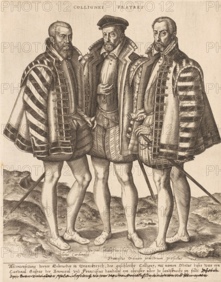 Collignei fratres, Portrait of the Coligny brothers, print, inscription: '...', printmaker: Wierix, after print by Marc Duval (attributed to), France, 1579, Marc Duval, after print by, Attributed to, paper, engraving, intaglio printmaking technique, height 261 mm x width 204 mm, Person, François de Coligny, Odet de Coligny, historical persons, Three men stand closely together in period clothing, each wearing ornate doublets with puffed sleeves and short breeches, capes draped over their shoulders, and shoes with rounded toes. The man on the left has a beard and short hair, a striped patterned cape, and holds a sword at his side. The central man wears a flat cap, a high-collared coat with decorative stitching, and holds one hand near his chest while the other rests at his waist. The man on the right has a trimmed beard, a patterned striped cape with decorative edges, and his hand rests on a sword hilt while the other holds a circular object at his side. The ground beneath them is rocky ...