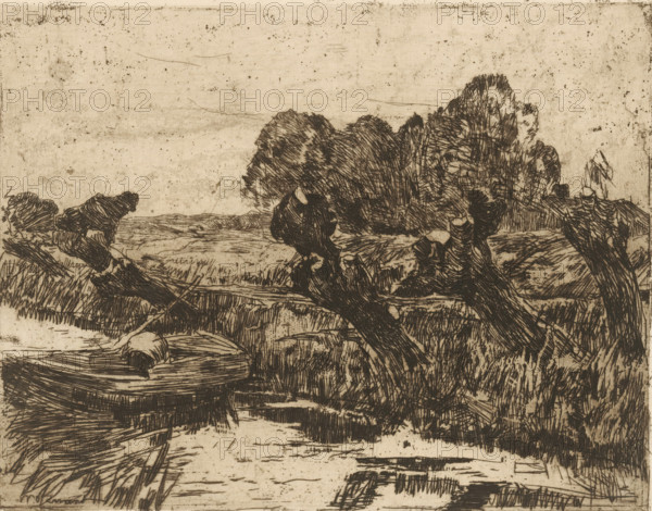 Willows by a ditch (original title), print, printmaker: Willem de Zwart, c. 1885, paper, etching, drypoint, intaglio printmaking technique, height 143 mm x width 183 mm, rowing-boat, canoe, trees: willow, small canal, ditch, A sepia-toned etching showing a riverside scene with a small boat in the foreground, a round object resting in the boat, and rippled water beneath. Knotted, gnarled tree trunks and thick branches extend across the middle ground with dense, textured foliage behind them. Tall grasses and reeds cluster along the water’s edge, and a low, flat landscape stretches into the distance under a wide, lightly speckled sky. The composition is rendered with fine, crosshatched lines and areas of darker ink creating contrast between the trees, vegetation, and water.