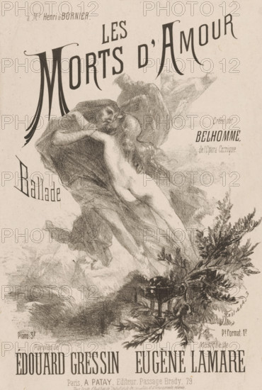 Song sheet with two lovers embracing each other, Les morts d'amour, print, printmaker: Eugène Carrière, Paris, publisher: A. Patay, 1885, Eugène Carrière, A. Patay, printmaker, publisher, paper, chine collé, lithography, height 385 mm x width 288 mm, The sheet illustrates a ballad by Belhomme, written for the Opéra Comique., (lovers) embracing each other, 'symplegma', vocal popular music, A sepia-toned lithographic image showing a large stylized title at the top and a central charcoal-like drawing of two figures entwined, one draped in flowing dark fabric and the other appearing nude and leaning back, surrounded by sweeping smoky textures and feathery foliage toward the lower right, with decorative lettering and ornamental flourishes framing the scene.