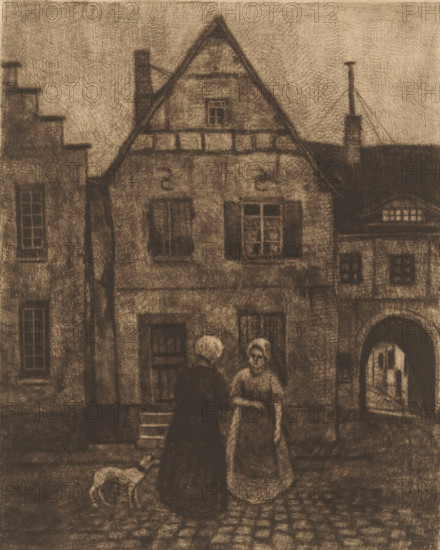 Two women on the street, print, title: 'Alter, ', printmaker: Werner Vogel, 1899 - 1949, paper, mezzotint, height 244 mm x width 196 mm, city-view in general, 'veduta', street, A sketchy scene showing the facades of old buildings with steep gabled roofs and multiple windows, rendered in dark charcoal tones on a light background; two women stand in the foreground on a cobbled street facing each other, one wearing a dark dress and the other a lighter dress with an apron, and a small dog stands nearby; architectural details include shutters, a doorway with a small set of steps, an arched passageway, chimneys with supporting wires, and a rectangular window set into the roof.