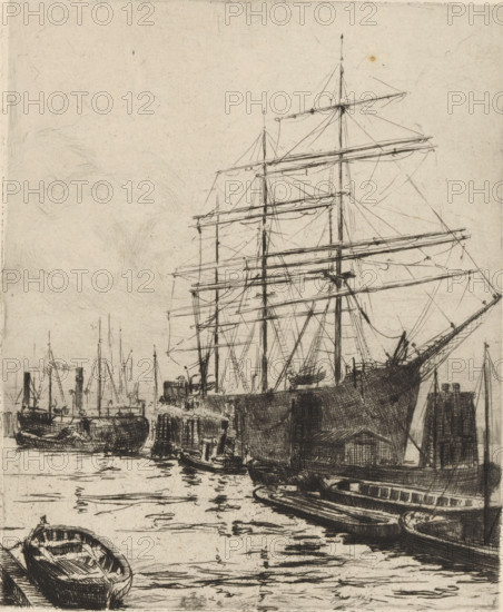 At the port, print, signature, printmaker: A. Schütz (signed by artist), 1850 - 1949, paper, etching, intaglio printmaking technique, height 143 mm x width 120 mm, harbor, A detailed black and white sketch of a harbor scene showing several docked sailing ships with tall masts and complex rigging, a large ship prominently placed on the right with its hull and multiple yards visible, smaller boats and rowboats floating in the foreground water, wooden piers and pilings extending into the water near the ships, reflections and ripples on the water surface, and faint cloud-like pencil shading in the sky.