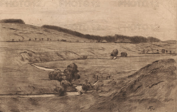 Hilly landscape, print, printmaker: Hans Thoma, Karlsruhe (possibly), 1911, Baden-Württemberg, paper, drypoint, intaglio printmaking technique, height 163 mm x width 249 mm, landscapes, low hill country, A sepia-toned landscape drawing showing rolling hills and open fields with textured, crosshatched lines; a cluster of darker shaded trees sits near the foreground beside a winding stream; in the middle distance a straight horizontal line separates two expanses of land with small rounded tree shapes and low, darkly shaded hedgerows; distant hills rise softly against a pale sky with faint linear cloud markings; a few angular rooflines of simple buildings appear along the distant horizon; the overall image is rendered with fine etched lines and varied shading creating contours and depth.