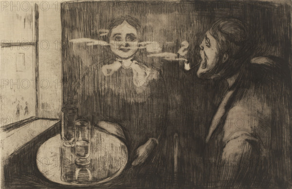 Woman and pipe-smoking man at a table, Tête-à-Tête (original title), print, The man in the print is the Norwegian painter Karl Jensen-Hjell., printmaker: Edvard Munch, 1894, paper, etching, drypoint, intaglio printmaking technique, height 220 mm x width 328 mm, Person, Karl Jensen-Hjell, historical persons, adult woman, pipe, tobacco, A monochrome etching showing an interior with a window on the left and a round tabletop in the lower left holding a group of cylindrical glasses; to the right a seated figure in profile with a mustache and beard leans forward with an open mouth exhaling a cloud of smoke that forms a floating, smiling female face; the background is filled with dense vertical and diagonal hatch marks and crosshatching, and the scene is rendered in varied thin and thick lines with areas of darker shading and lighter, scratched textures.