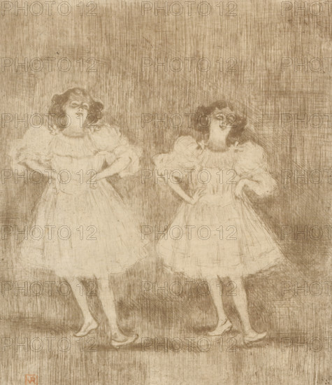 Two dancing young women with hands on hips, print, inscription: 'VR', inscription: 'Ep. no 6', printmaker: Theo Van Rysselberghe, 1872 - 1926, paper, etching, intaglio printmaking technique, drypoint, height 216 mm x width 190 mm, dancing, adolescent, young woman, maiden (two persons), A monochrome sketch shows two young women standing side by side, each wearing a short, puff-sleeved dress with a fitted bodice and full skirt, hands resting on their hips, hair styled in short, wavy bobs framing their faces, faces turned slightly toward the viewer with closed eyes and subtle smiles, legs visible beneath the skirts ending in low-heeled shoes, the figures rendered with fine crosshatched lines against a densely hatched background that fills the upper portion of the image.