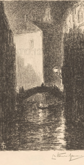 Bridge in Venice at evening, print, A lantern hangs on a wall on the right., number: '72', printmaker: Carel Nicolaas Storm van 's-Gravesande (signed by artist), 1851 - 1924, Carel Nicolaas Storm van 's-Gravesande, paper, lithography, height 324 mm x width 250 mm, Possibly mentioned in: Storm van 's-Gravesande, Charles. Catalogue des eaux-fortes et lithographies. New York: sn, 1903, or in an unknown later edition of the manuscript. Presumably listed as catalogue number 72., bridge in city across river, canal, etc. (city(-scape) with figures, staffage), evening, Venice, A vertical grayscale drawing shows a narrow canal scene flanked by tall, dark buildings. A softly lit bridge arches across the canal near the middle, with a small, dark boat and a figure beneath it on the water. Reflections of light ripple along the canal surface leading toward the foreground. A pale, rectangular building with a single window faces the canal on the left middle distance, while darker, textured facades ris...