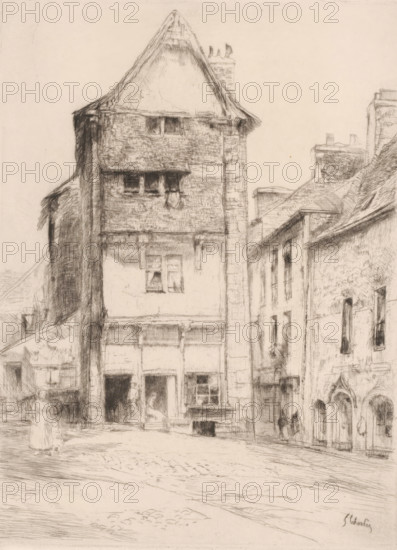 View of a square in Paimpol, La petite place à Paimpol, print, printmaker: Gustave Leheutre (signed by artist), publisher: Edmond Sagot, Paris, 1909 - 1913, paper, etching, engraving, drypoint, intaglio printmaking technique, height 241 mm x width 180 mm, village square, Place, Paimpol, A narrow street scene rendered in fine pencil or etching lines shows a tall, old building with a steeply pitched roof and textured masonry facade, flanked by adjacent buildings with varied rooflines and chimneys; the central building has small windows on its upper floors and larger openings at street level, where a few indistinct figures stand or sit near the doorways, while other faint figures appear along the sidewalk and in the distance; the cobbled street in the foreground leads past the buildings and shows subtle shading and marks suggesting worn surfaces, and the overall image is composed of delicate crosshatching and soft tonal variations.